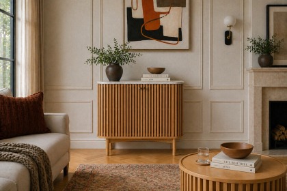Soho Natural Oak Slatted Cupboard with Marble Top