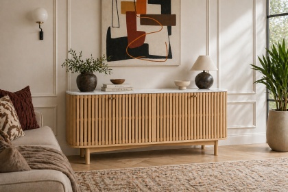 Soho Natural Oak Slatted Large Sideboard with Marble Top