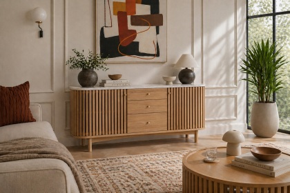Soho Natural Oak Slatted Sideboard with Drawers & Marble Top