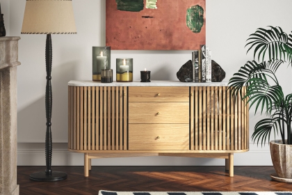 Soho Natural Oak Slatted Sideboard with Drawers & Marble Top Soho Natural Oak Slatted Sideboard with Drawers & Marble Top