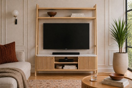 Soho Natural Oak Slatted 137cm Ladder TV Unit with Marble Top
