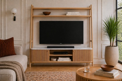 Soho Natural Oak Slatted 165cm Ladder TV Unit with Marble Top