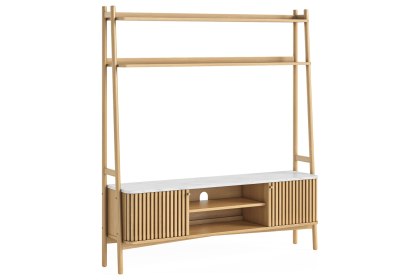 Soho Natural Oak Slatted 165cm Ladder TV Unit with Marble Top