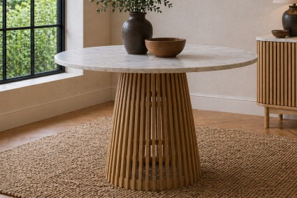 Soho Natural Oak Slatted Round Dining Table with Marble Top