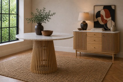 Soho Natural Oak Slatted Round Dining Table with Marble Top