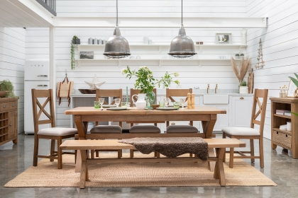 Tewkesbury Smoked Oak Cross-Leg 200-250cm Ext Dining Table Set with x6 Cross Back Chairs & Bench