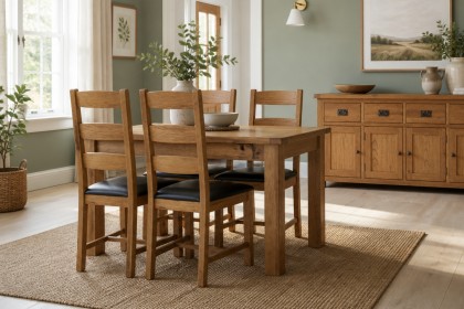 Salisbury Waxed Premium Oak Compact Ext Dining Table Set + 4 Slat Back PU Chairs