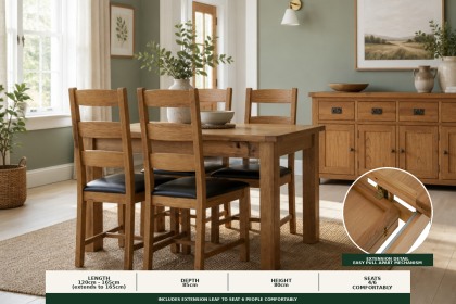Salisbury Waxed Premium Oak Compact Ext Dining Table Set + 4 Slat Back PU Chairs