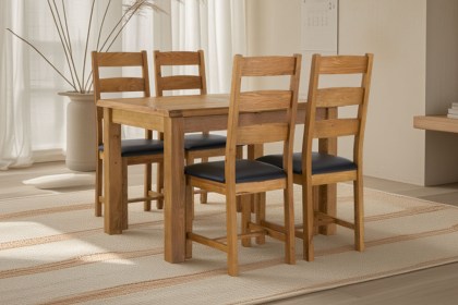 Salisbury Waxed Premium Oak Compact Ext Dining Table Set + 4 Slat Back PU Chairs