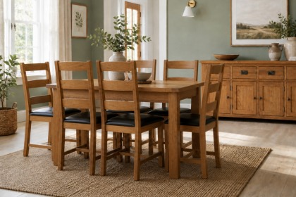 Salisbury Waxed Premium Oak Compact Ext Dining Table Set + 6 Slat Back PU Chairs