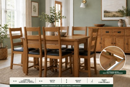Salisbury Waxed Premium Oak Compact Ext Dining Table Set + 6 Slat Back PU Chairs