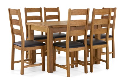 Salisbury Waxed Premium Oak Compact Ext Dining Table Set + 6 Slat Back PU Chairs
