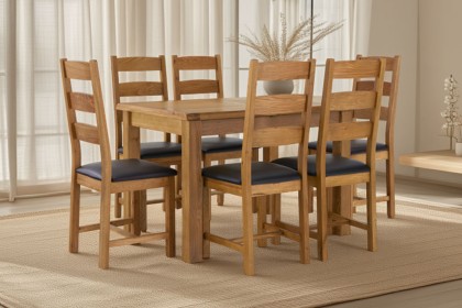 Salisbury Waxed Premium Oak Compact Ext Dining Table Set + 6 Slat Back PU Chairs