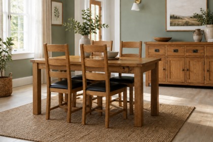 Salisbury Waxed Premium Oak Small Ext Dining Table Set + 4 Slat Back PU Chairs