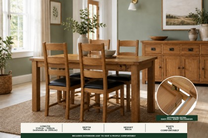 Salisbury Waxed Premium Oak Small Ext Dining Table Set + 4 Slat Back PU Chairs