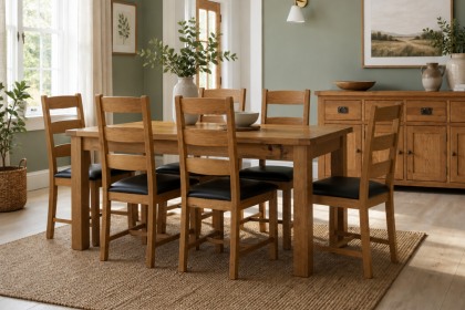 Salisbury Waxed Premium Oak Small Ext Dining Table Set + 6 Slat Back PU Chairs