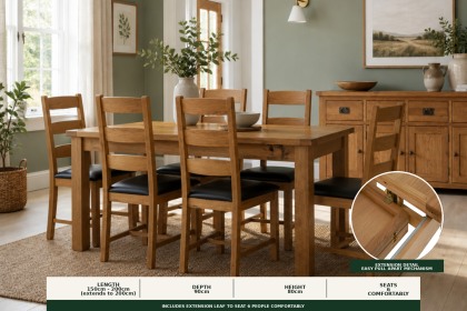 Salisbury Waxed Premium Oak Small Ext Dining Table Set + 6 Slat Back PU Chairs