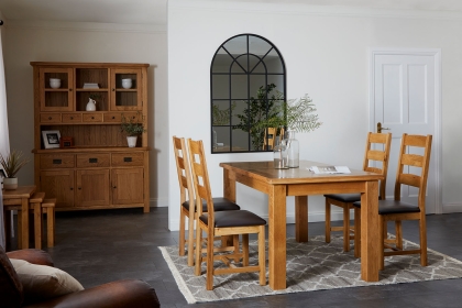 Salisbury Waxed Premium Oak Large Ext Dining Table Set + 4 Slat Back PU Chairs