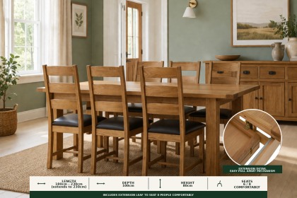 Salisbury Waxed Premium Oak Large Ext Dining Table Set + 6 Slat Back PU Chairs