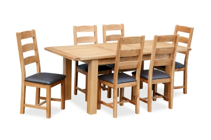 Salisbury Waxed Premium Oak Large Ext Dining Table Set + 6 Slat Back PU Chairs