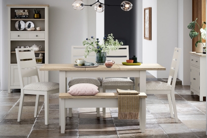 Modern Country Painted Oak Coconut White Ext Dining Table Set with 4 Chairs & Bench