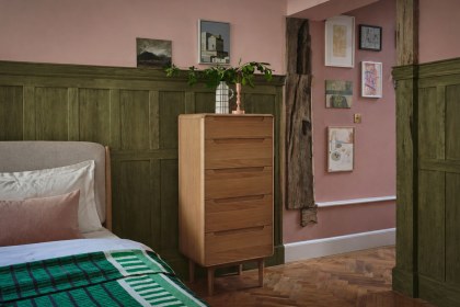 G Plan Winchester Retro Oak 5 Drawer Tall Chest with Mirror