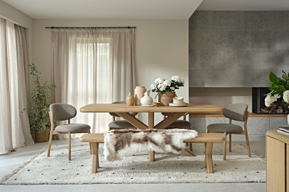 Flynn Natural Oak 240cm Dining Table Set Inc 220cm Bench & 4 Leo Chairs