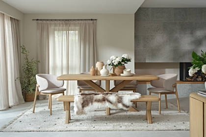 Flynn Natural Oak 240cm Dining Table Set Inc 220cm Bench & 4 Noah Chairs