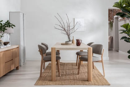 Arlo Natural Oak 140cm Travertine Ceramic Dining Table Set with 4 Leo Chairs