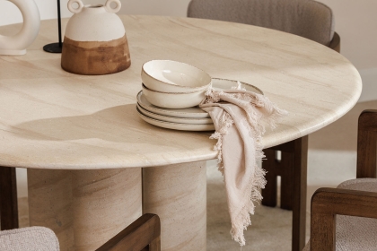 Ida Travertine Stone 120cm Round Dining Table Set with 4 Grace Chairs Ida Travertine Stone 120cm Round Dining Table Set with 4 Grace Chairs