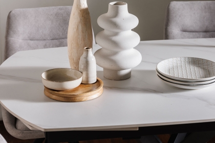 Sintered Stone 140-200cm Twist Extending Dining Table Set in White with x4 Paige Chairs Sintered Stone 140-200cm Twist Extending Dining Table Set in White with x4 Paige Chairs