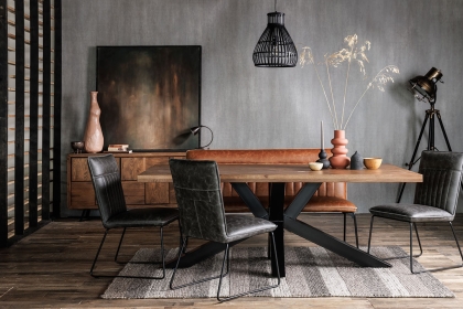 Soho Solid Oak 200cm Holburn Star Base Dining Table Set + 4 Cooper Grey Chairs + Cooper Tan Bench