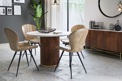 Harvard Reeded Mango Wood Round Dining Table with Marble Top & 4 Amory Beige Chairs Harvard Reeded Mango Wood Round Dining Table with Marble Top & 4 Amory Beige Chairs
