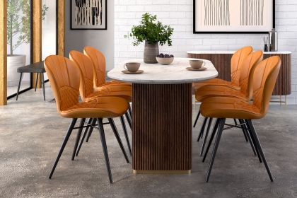 Harvard Reeded Mango Wood Oval Dining Table with Marble Top & 6 Amory Mustard Chairs