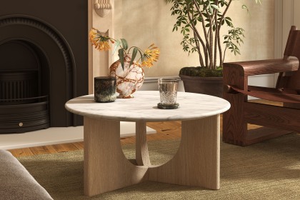 Portobello Oak Round Coffee Table with Travertine Top