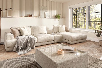 Niki Fabric Modular Sofa Group with Chaise End and Glass Table