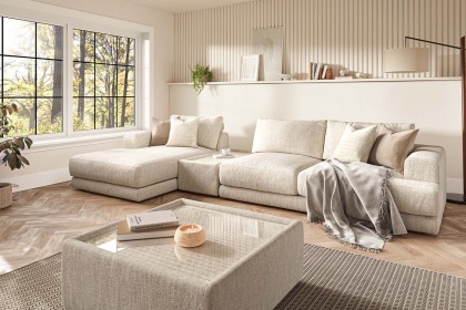 Niki Fabric Modular Sofa Group with Chaise End and Glass Table