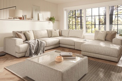 Niki Fabric Modular Large Corner Sofa Group with Chaise End and Glass Table