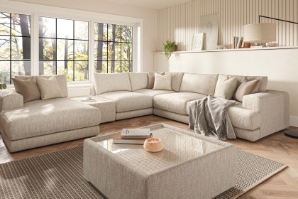 Niki Fabric Modular Large Corner Sofa Group with Chaise End and Glass Table