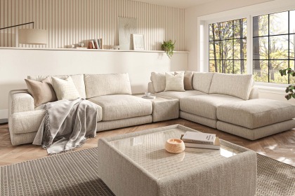 Niki Fabric Modular Large Corner Sofa Group with Footstool and Glass Table Niki Fabric Modular Large Corner Sofa Group with Footstool and Glass Table