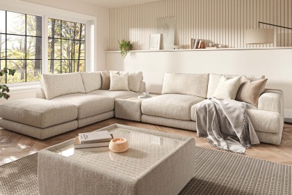 Niki Fabric Modular Large Corner Sofa Group with Footstool and Glass Table