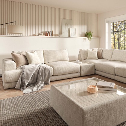 Niki Fabric Modular Large Corner Sofa Group with Footstool and Glass Table Niki Fabric Modular Large Corner Sofa Group with Footstool and Glass Table