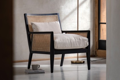 Gallery Direct Nagoya Black Wood Rattan Armchair with Cream Seat Cushions