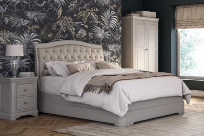 Mabel Wooden Bed Frame with Buttoned Upholstered Headboard in Painted Taupe Finish