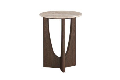 California Dark Oak Round Side Table with Travertine Top