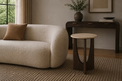 California Dark Oak Round Side Table with Travertine Top
