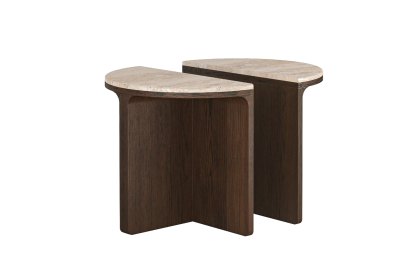 California Dark Oak Half Moon Nest of Tables with Travertine Top
