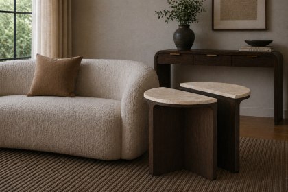 California Dark Oak Half Moon Nest of Tables with Travertine Top