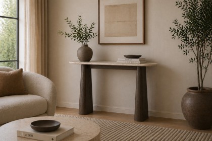 California Dark Oak Console Table with Travertine Top