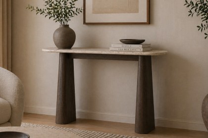 California Dark Oak Console Table with Travertine Top